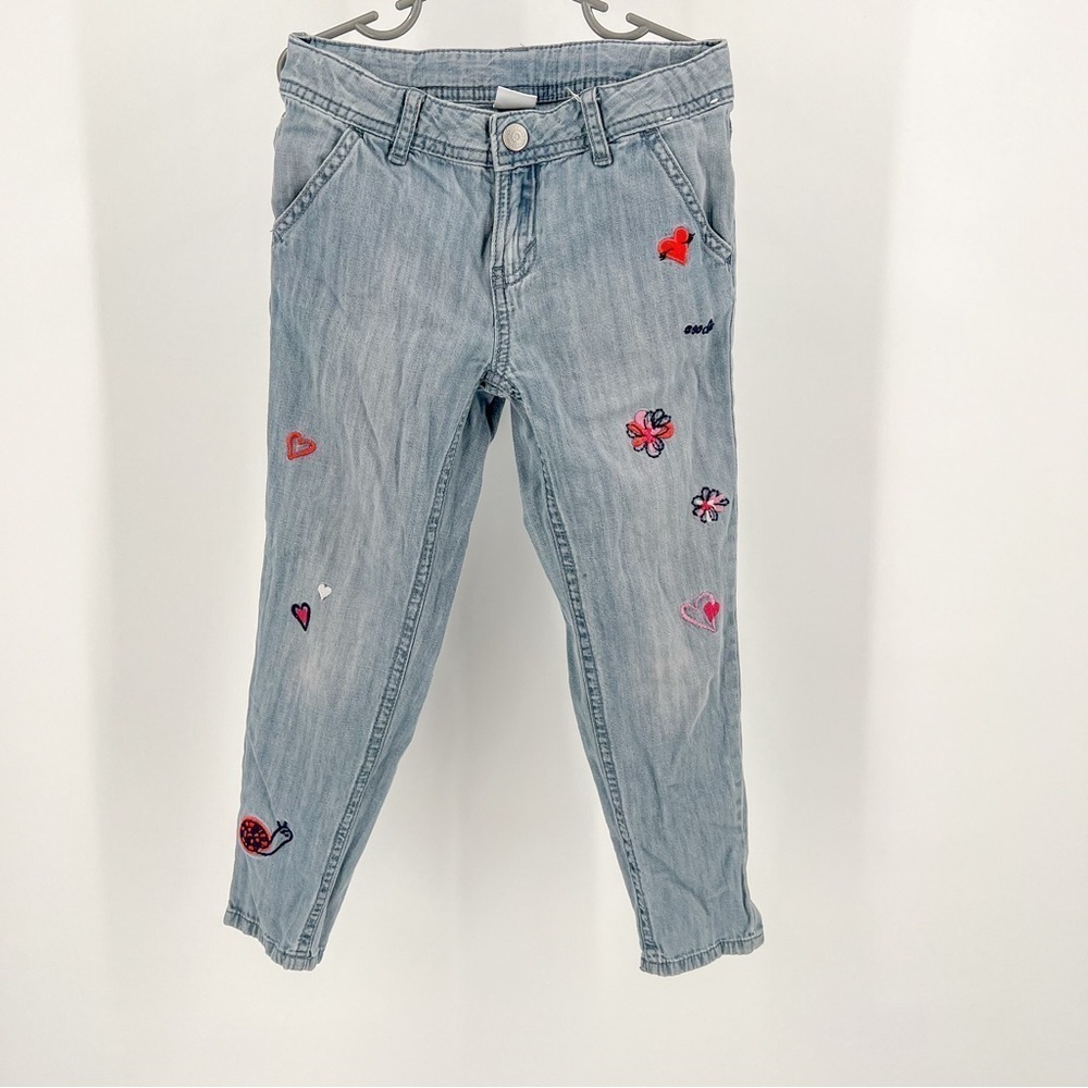 Gymboree Embroidered Heart Flower Snail Chambray Blue Jeans Girls